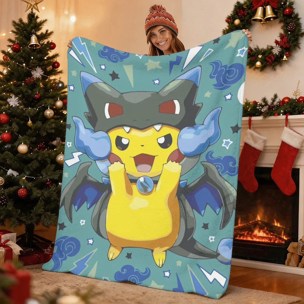 Pokemon Pikachu Gengar Bulbasaur Charmander Squirtle Psyduck Flannel Throw Blanket Soft Warm Blanket for Sofa Bed Home Decor Gif