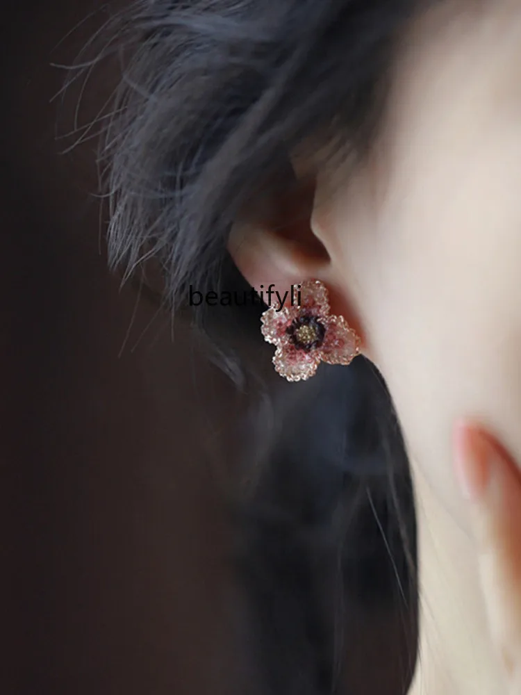 S925 silver needle simple fresh pink flower earrings light luxury high-end stud earrings