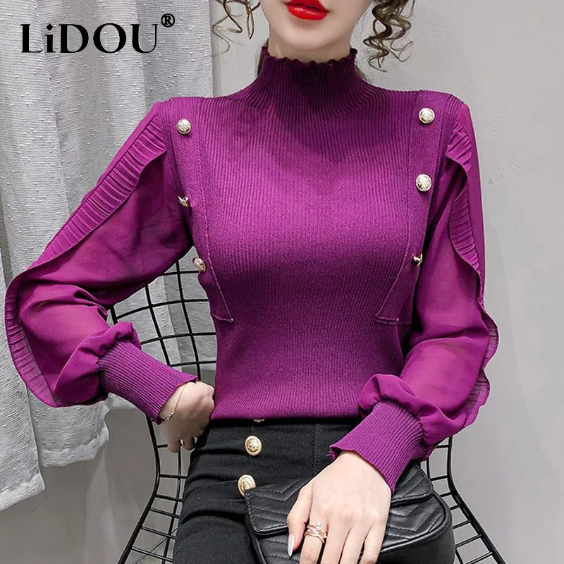 2023 Autumn Winter New Solid Color Half High Collar Long Sleeve Sweater Women Slim Button Lace Patchwork All-match Pullovers