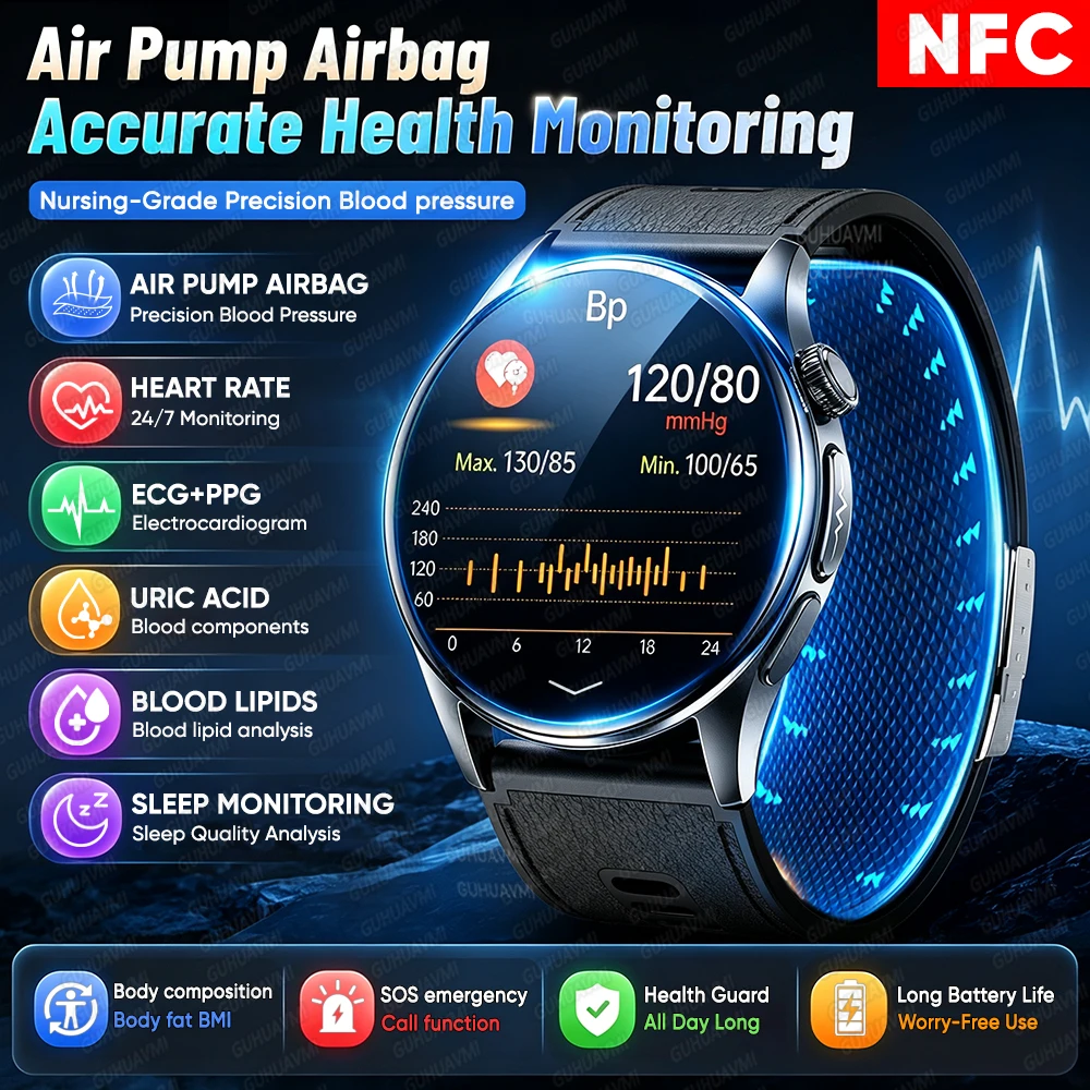 Novo Relógio Inteligente com Medição Precisa de Pressão Arterial, Bomba de Ar, Airbag, Nano ECG, Monitoramento de Lípidos no Sangue, Ácido Úrico, NFC.