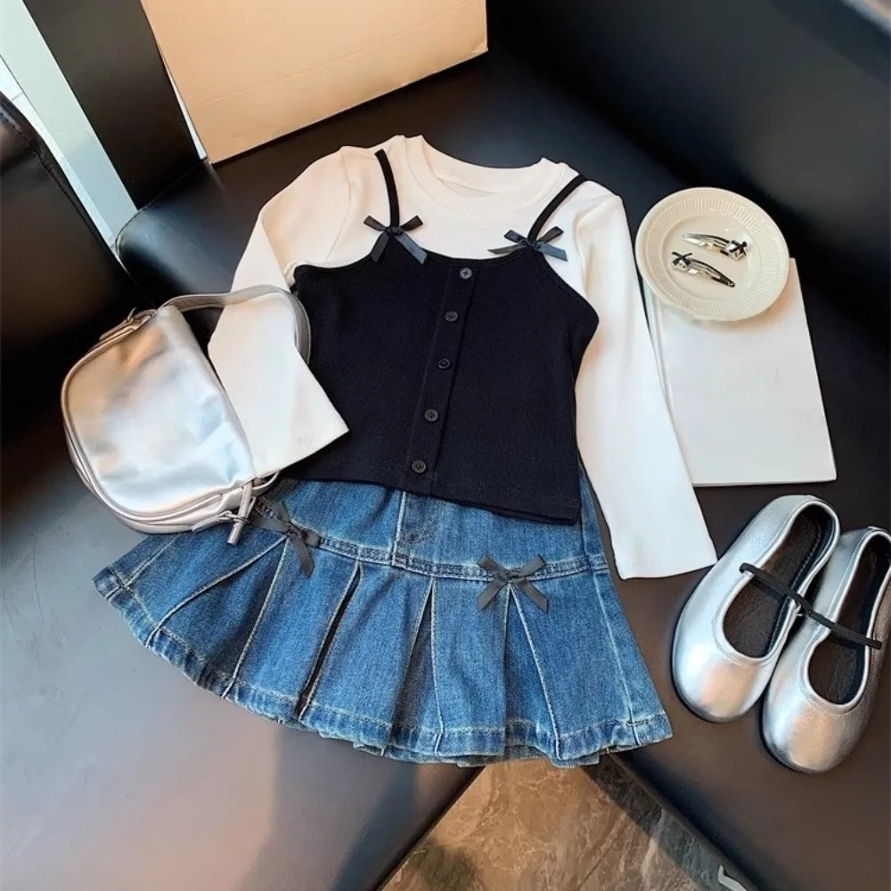 عارضة الكورية نمط كاذبة قطعتين أعلى الأميرة أنيقة طويلة الأكمام تي شيرت القوس قاعدة قميص الزي اليومي