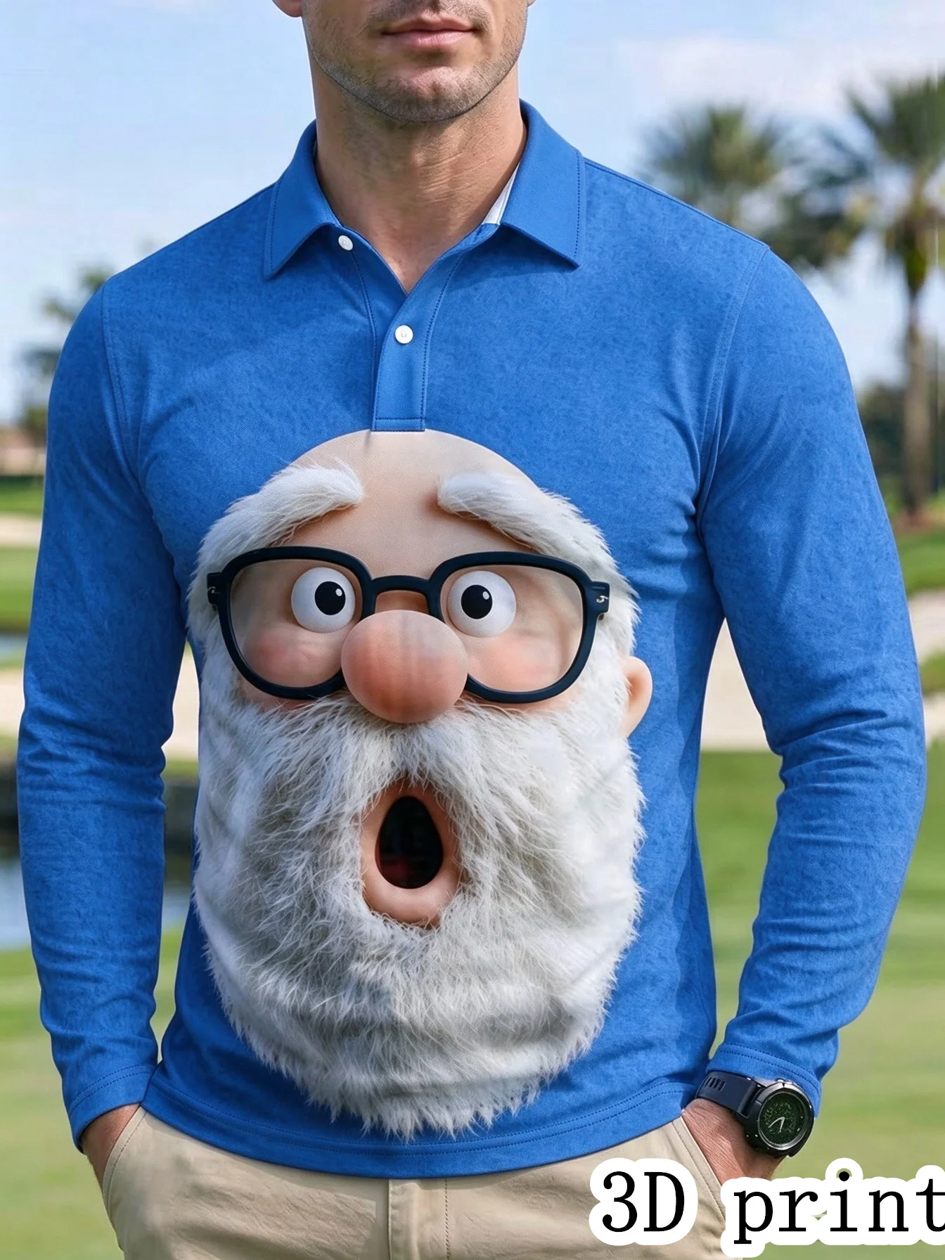 Men's Fun 3D Santa Claus Printed Long Sleeve Polo Shirt, Collar Button Golf Top, Christmas Holiday Party Casual Breathable Top