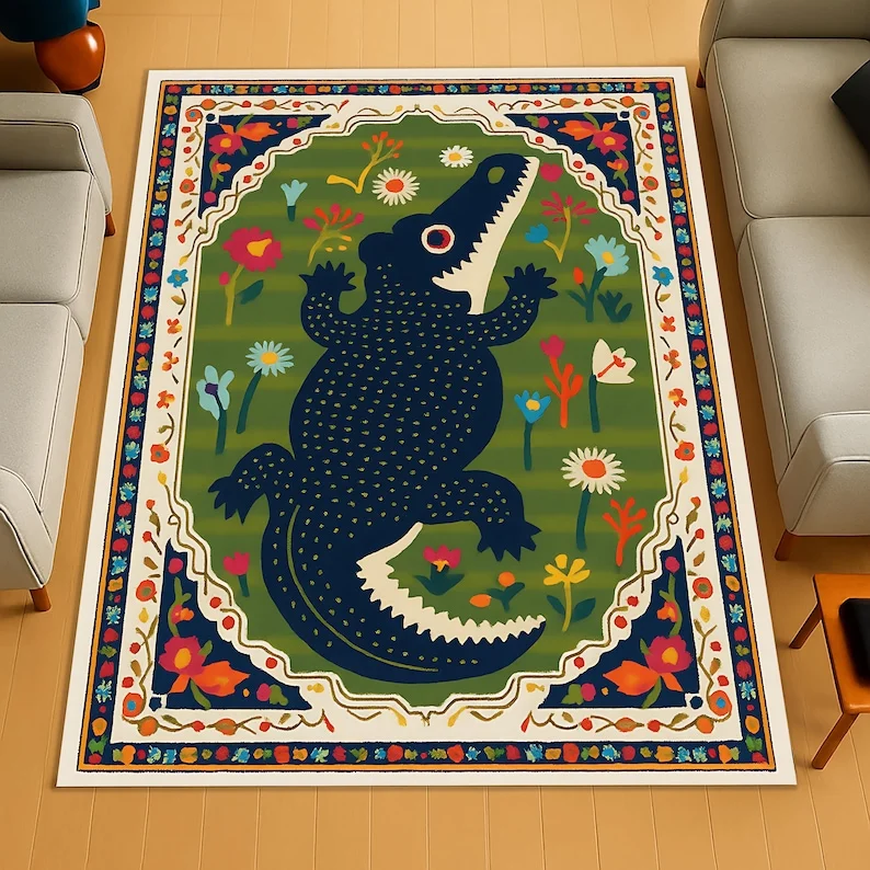 Whimsical Alligator Tiger Rug Playful Floral Pattern Colorful Folk Art Rug for Kids Room or Animal Themed Playful Nursery Decor