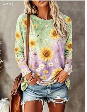 Women Long Sleeve T‑Shirt Gradient Background Watercolor Floral Bird Print Crew Neck Loose Casual Daily Tops - view 2