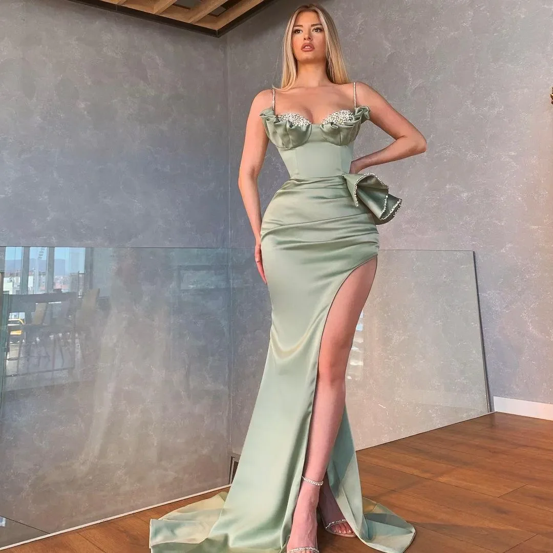 Plus size sexy Mermaid ball dress Italian Spaghetti strap crystal high split floor-length abito da sera formale secondo ricevimento