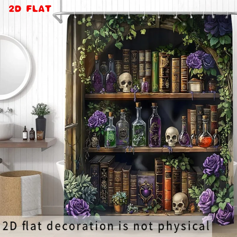 Vintage Apothecary Bookshelf Shower Curtain Bathroom Decor Gothic Library Style Storage Display