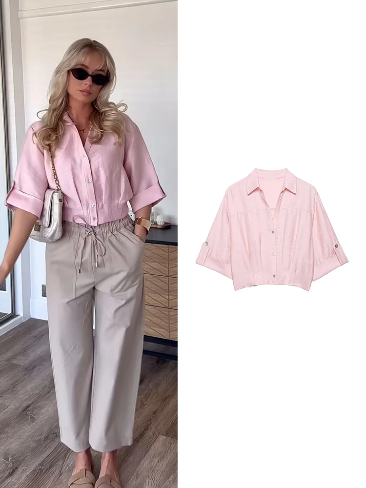 Neue Damen Einfarbige Bluse, Basic Kurztop mit Halben Ärmeln, Umlegekragen, Dünne Büro-Damen Freizeitbluse Frühling Sommer 2026