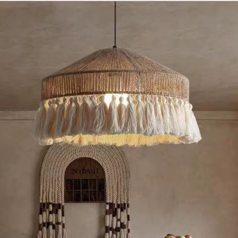 Retro Hemp Rope Tassel Pendant Lamp Cream Style Simple Luxurious Creative Ceiling Light For Bedroom