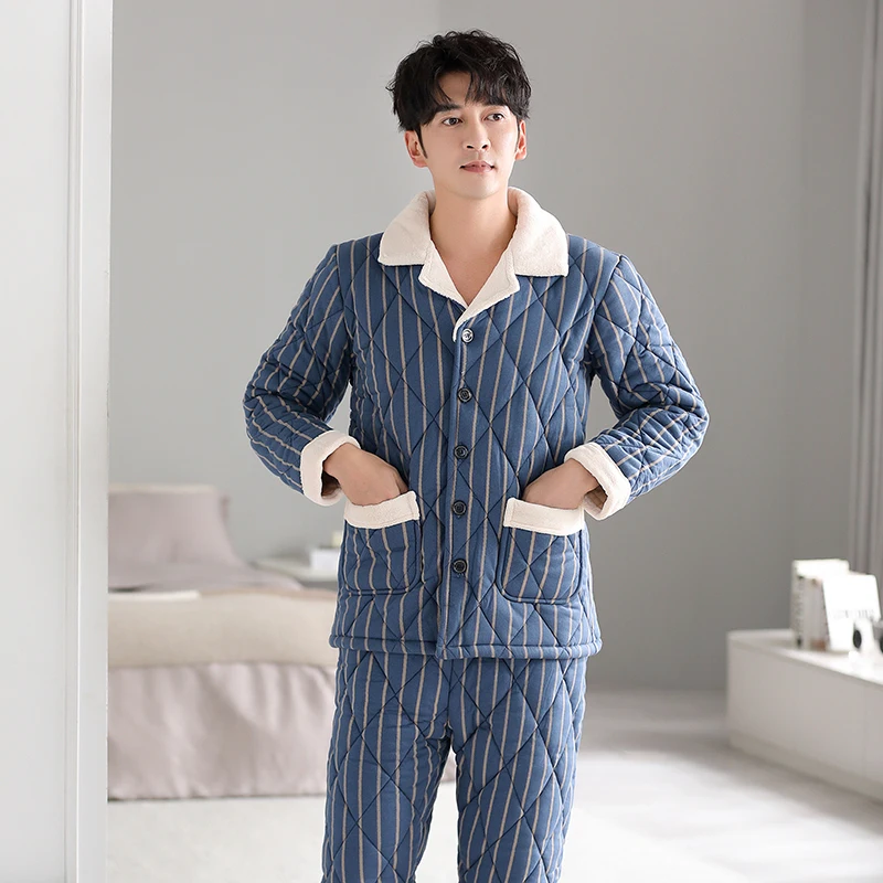 New striped winter men's keep warm thick three-layer cotton quilted men's pajamas cardigan cotton-padded for male home clothes