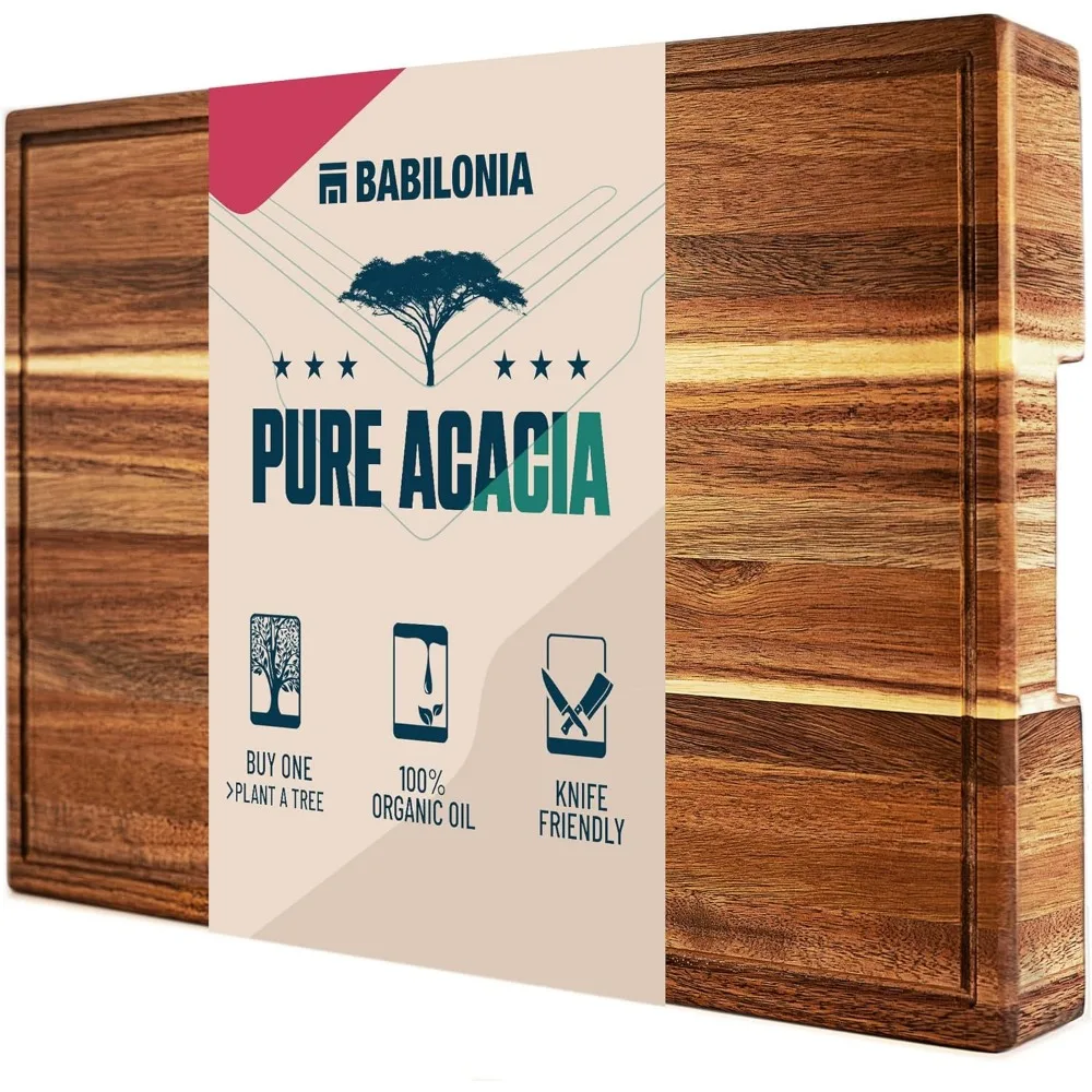 

Acacia Wood Cutting Board for Meat, Cheese, Charcuterie Board (ExtraThick 1.6"). Premium Quality Butcher Block. Heavy Duty Edge