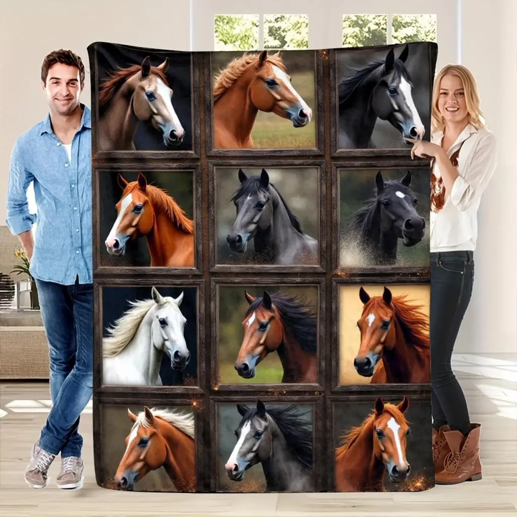 Large Photo Print Horse Portrait Collage Blanket 150x200cm Realistic Farm Animal Mammal Pet Throw Cozy Decorative Artwork