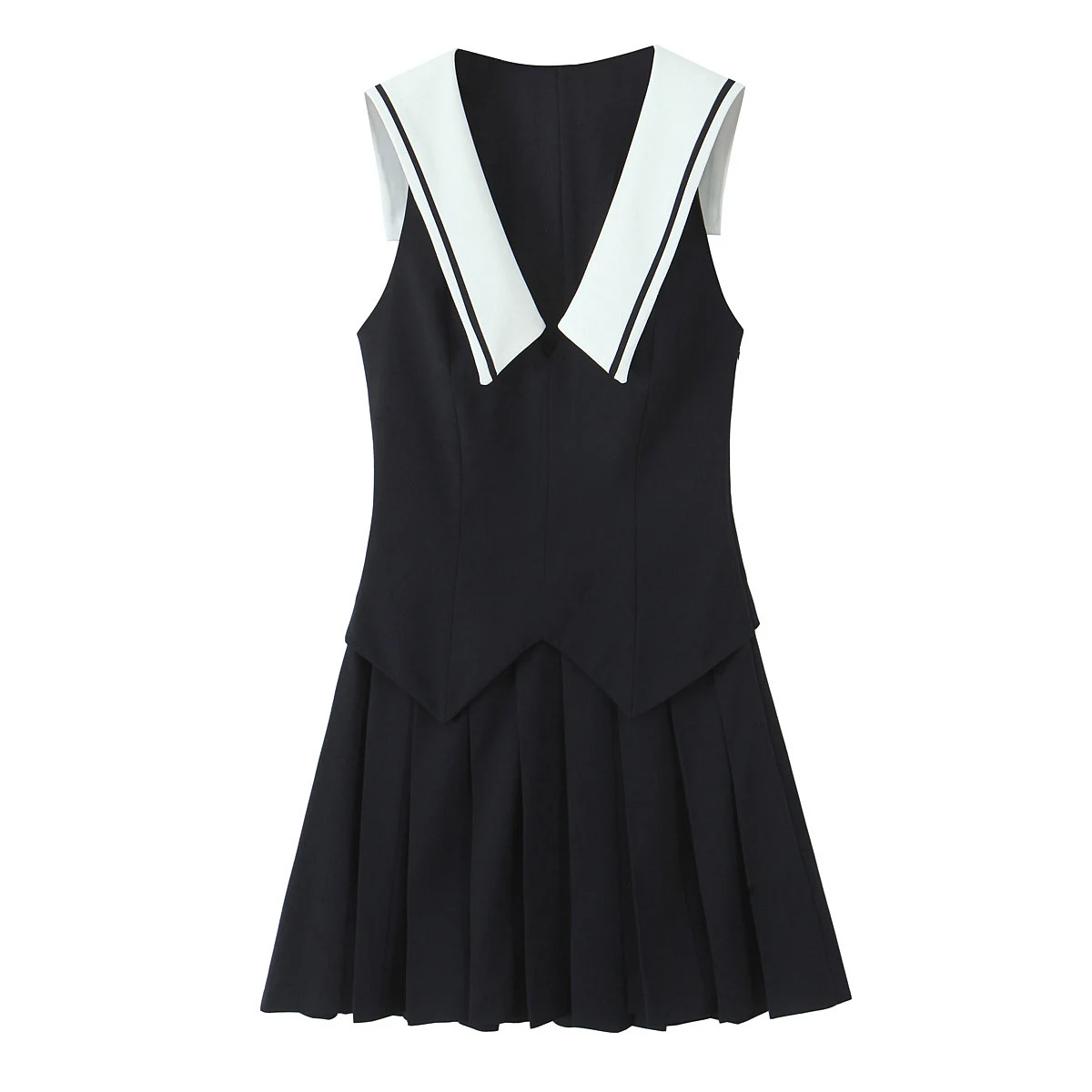 Temperament Mode Akademie Stil Kurze Spleißen Navy Kragen Plissee Kleid 2025, Sommer Neue Stil