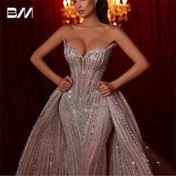 2in1 Women Wedding Dresses Strapless Beaded Embroidery Illusion Bridal Wedding Gown Detachable Train Robe De Mariee