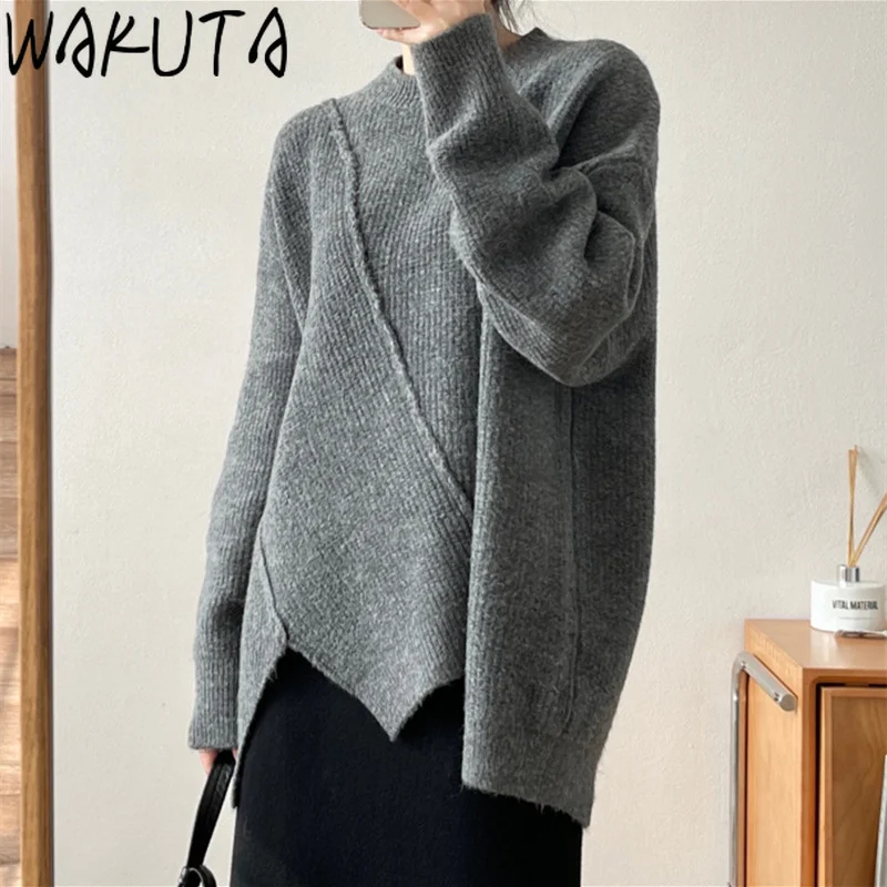 

WAKUTA Vintage Fashion Irregular Hem Sweater Women Autumn Winter 2024 Korean Style Simple Loose O Neck Solid Color Sueter Mujer