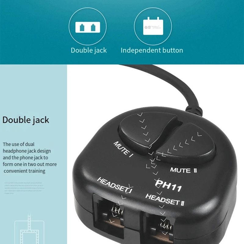 N11R--TWO-Mute-Switch-Training-Adapter-Dual-RJ9-Sockets-To-RJ9-Hadset-Male-Plug-For-Call-Center-Training-Adapter-4P4C