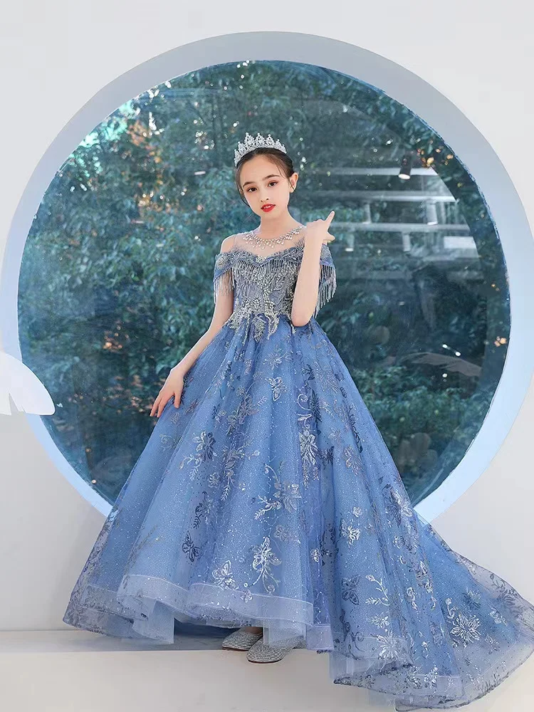 Kid Wedding Dresses for Girls Elegant Blue Lace Flower Girl Princess Long Gown Kids Christmas Dress Evening Prom Party Vestidos