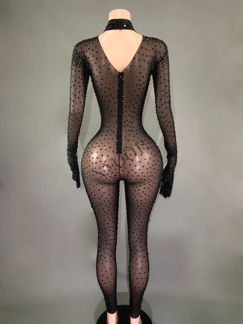 Lussuosi guanti per tuta con strass neri da donna, vestito da compleanno per feste da sera, Costume da ballo con prestazioni in rete Sexy, abbigliamento da palcoscenico