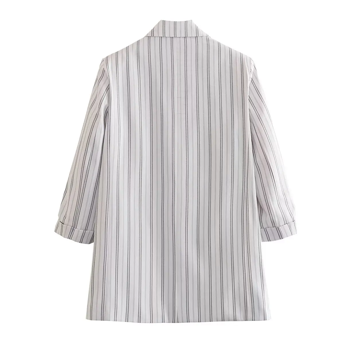 Maxdutti Fashion Vintage Striped Lady Jacket Roll Up Sleeve Casual Blazers Women Office