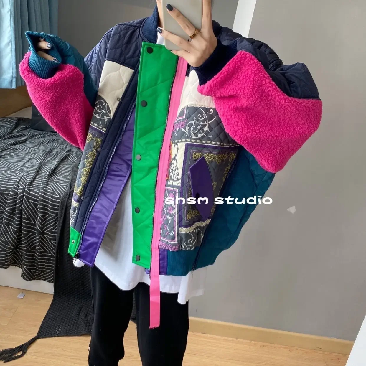 Vrouwen Patchwork Diverse Graffiti Bedrukt Katoen Gewatteerde Jas Zip Stand Kraag Baseball Verdikte Puffer Jas Parka Vest