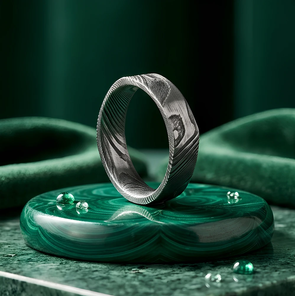 Men's 6mm Square Damascus Steel Ring Unique Geometric Design Wedding Band Minimalist Fashion Jewelry