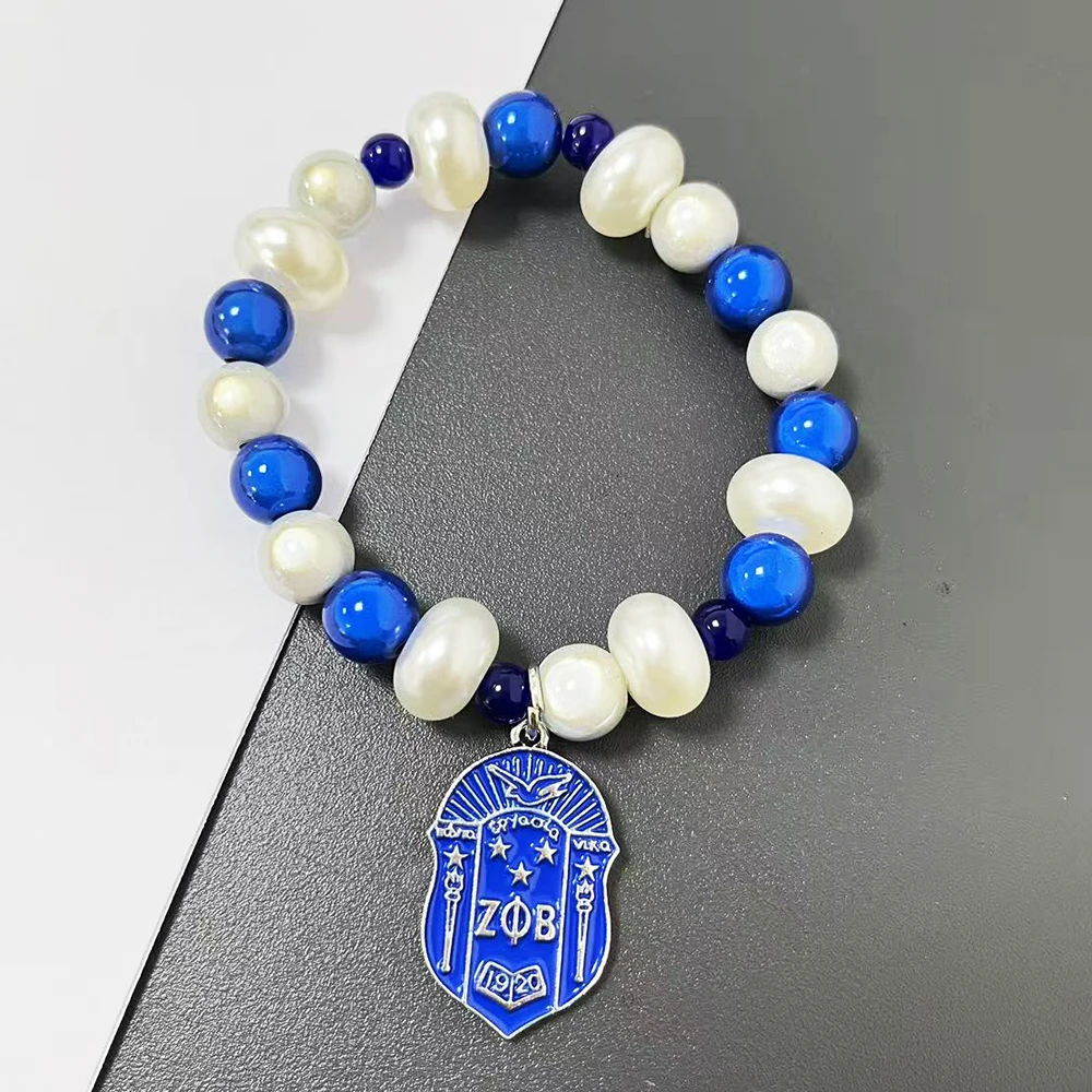 5pcs 10MM White Pearl Zeta Phi Beta Women\'s Association Stainless Steel Dove Badge Letter Pendant Bracelet