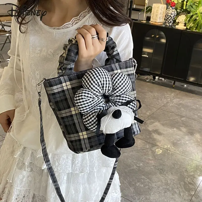 

Disney Mickey Cute Flower Plaid Bucket Bag 2025 New Fashion Large Capacity Commuter Shoulder Bag Oblique Span Portable