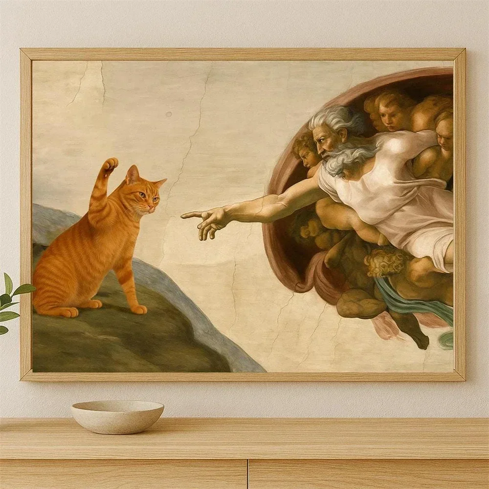 Funny Cat Poster Print Poster Michelangelo Parody Art Canvas Painting Golden Feline Embrace Klimt Style Cat Canvas Prints