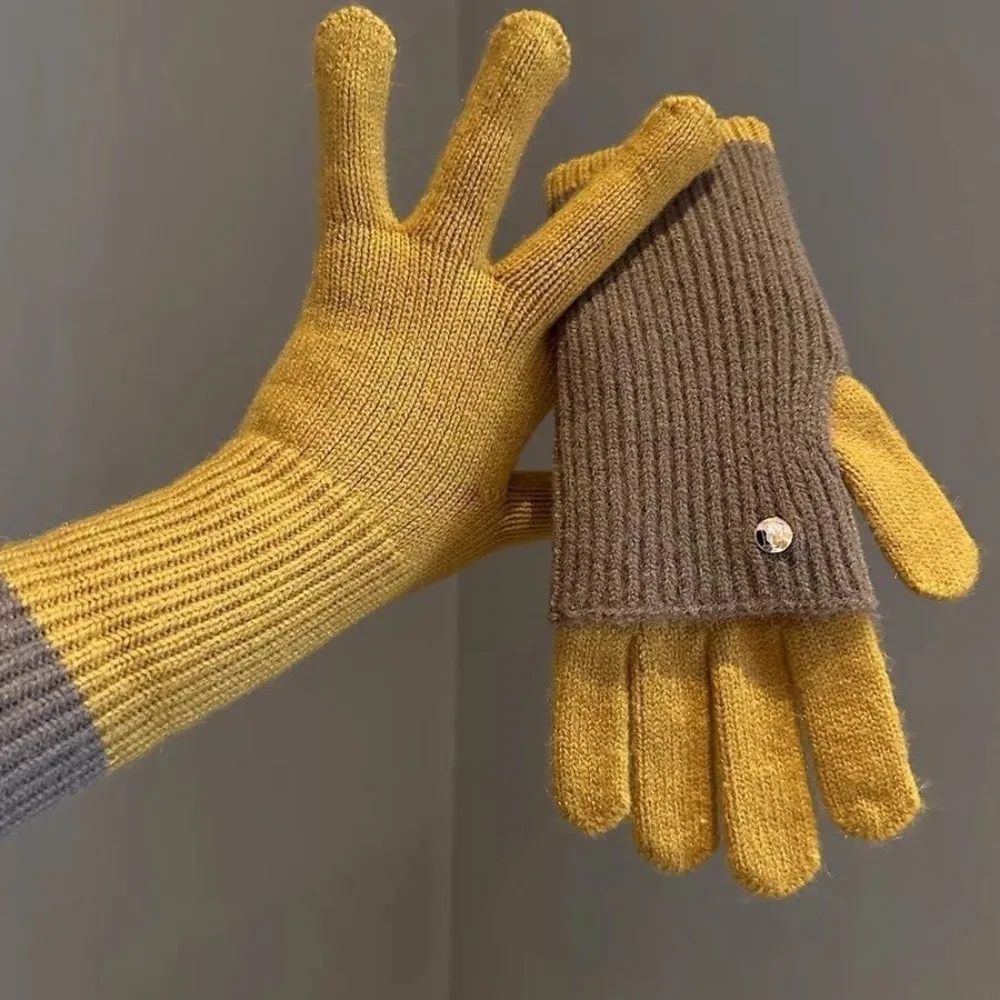 Fashion Warm Color Blocked Knitted Gloves Dual-purpose Open-Finger Winter Women Gloves Soft Cold-proof Touchscreen Gloves Gift