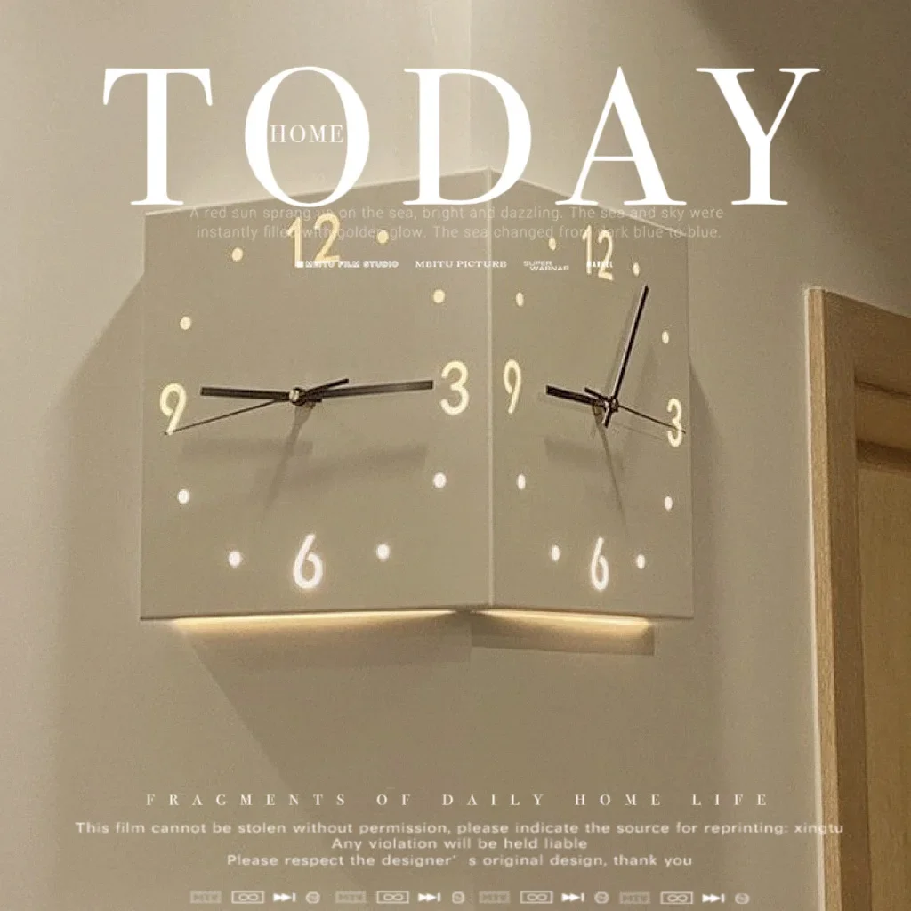 Ins Style Creative Light Sensor Corner Wall Clock Square Simple Double Sided Wall Clock with Arabic Numeral Scale Analog Silent