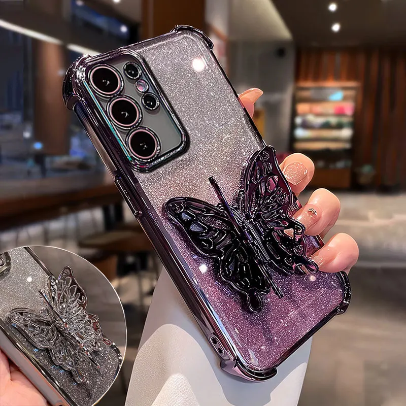 

S 23 24 22 21 ultra Shockproof 3D Butterfly Bracket Shiny Case For Samsung galaxy S24 FE S23 S22 Plus Glitter Holder Case Luxury