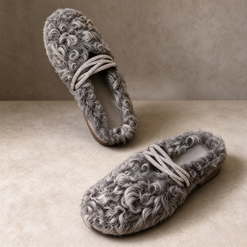 Novel Furry Mule Slippers Women Rhinestone Cross Strap Round-Toe Plush Flats and Loafers Street-Style Winter Warm Designer Shoes