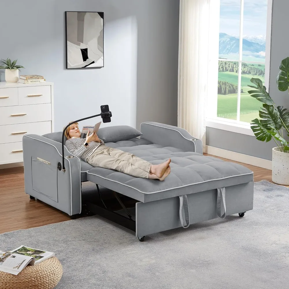 أريكة سرير مع منفذ USB ونوع C، أريكة فوتون حديثة 3 في 1 قابلة للتحويل بمقعدين مع حامل هاتف