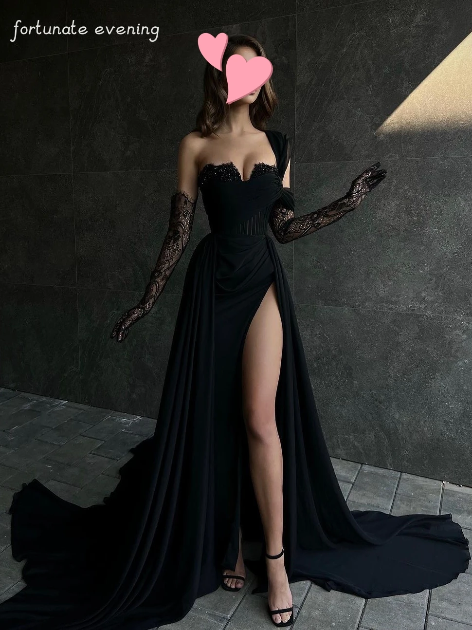 

Fortunate Evening Elegant Vintage Sexy Black Lace Beadiing One Shoulder Cocktail Formal Occasion Prom Dress Evening Party Gowns