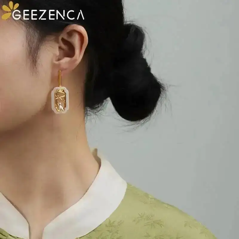 GEEZENCA Natural White Jade Green Aventurine 925 Silver Window Cat Dangle Earrings For Women Ethnic Chic Earring 2024 New Gift