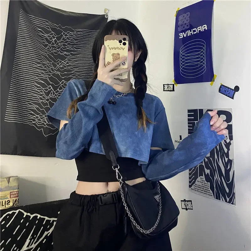 Tie-dye Y2k T-shirts Women BF Lady Crops Hipster Dance Wear Streetwear Hollow Out Vintage Soft Fashion Casual Gothic Harajuku