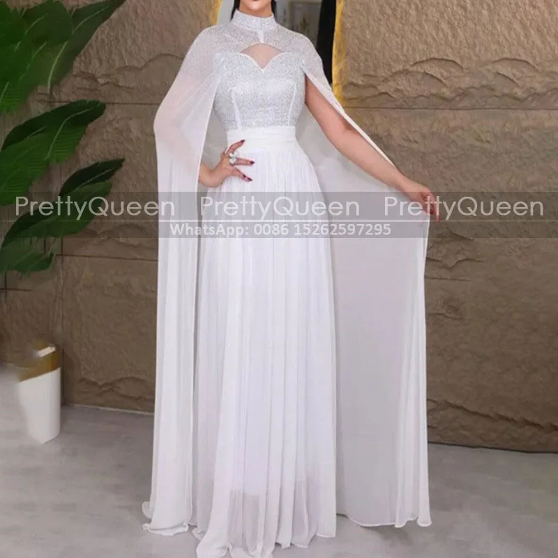 Bling Sequins A Line Mother of the Bride Dresses Customized Cloak Shawl White Chiffon High Neck Long Prom Dress Party Formal