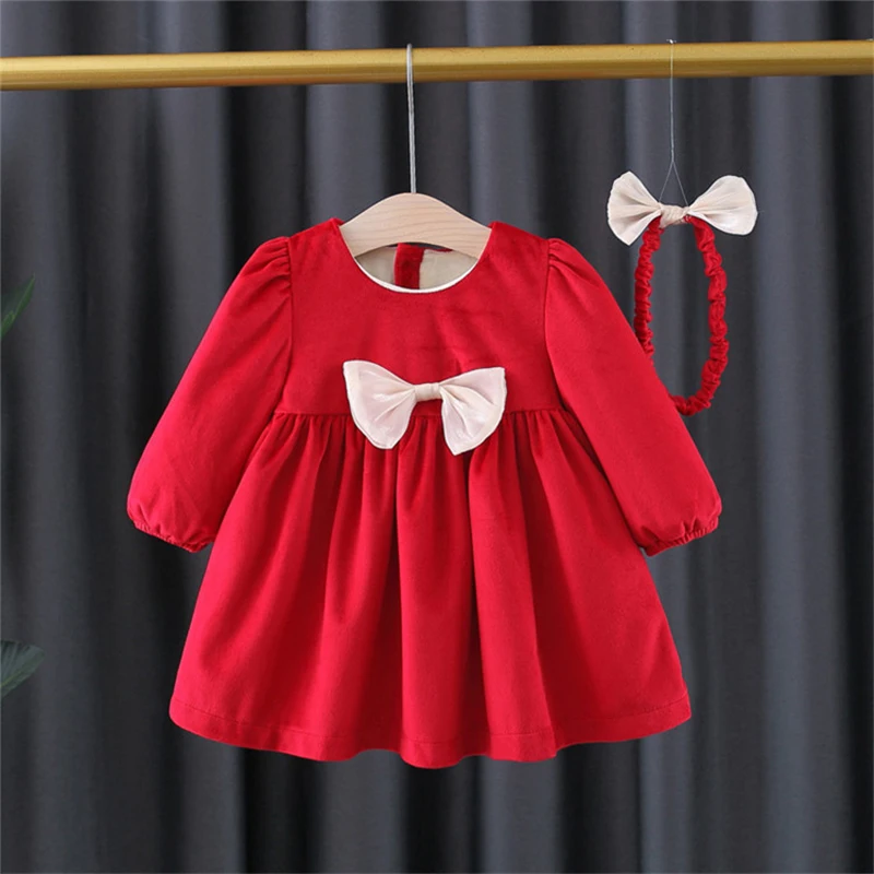 2Piece Set Fall Winter Toddler Girl Clothes Korean Cute Bow Fleece Warm Red Princess Baby Dresses Luxury Birthday Dresses BC1839