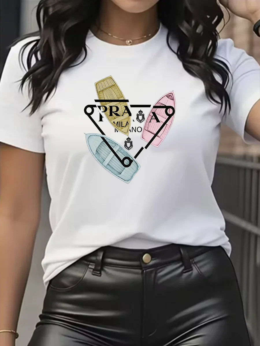 Round-neck T-shirt, soft and comfortable, women's casual style for spring and summer, featuring a boat letter design