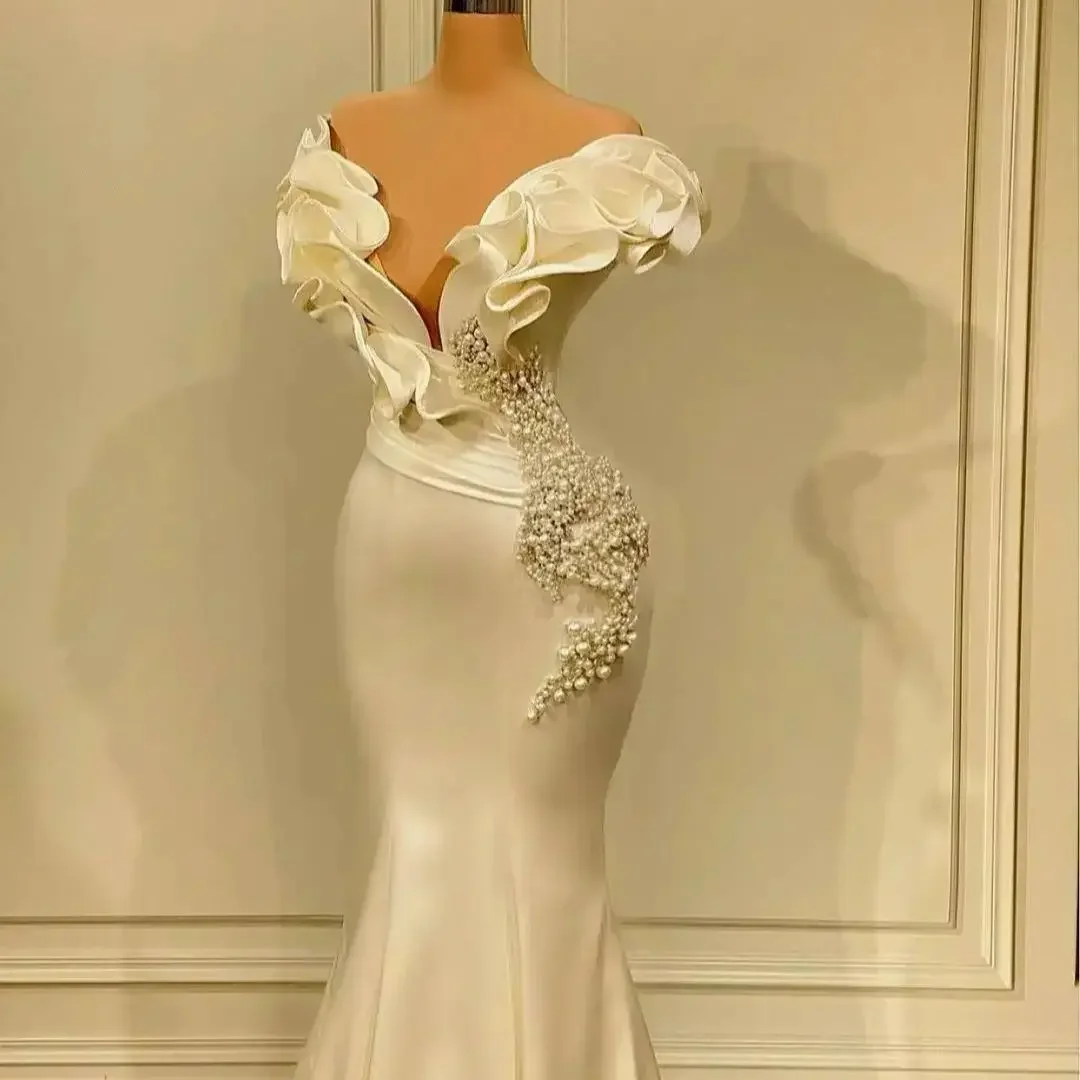 Aangepaste geplooide off-the-shoulder glanzende parels kralen trouwjurk vestidos de novia satijnen vintage bruidsjurk