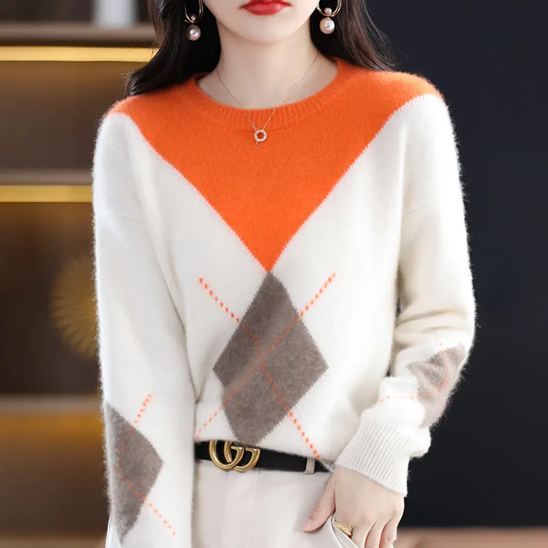 Imagem -03 - Camisolas da Mulher Outono Inverno Novo Sytle Long Sleeve Casual Coats Female Pullover O-neck Patchwork 100 Wool Knitted Tops Jumper