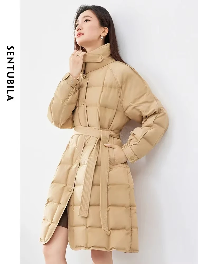 SENTUBILA Belt Long Down Coat Women 2024 Winter Stand Collar White Duck Down Overcoat Woman Thick Warm Outerwear W44Y58475X