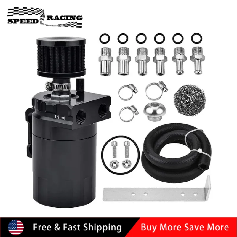 

300ML Aluminum Oil Catch Can Reservoir Tank Kit with Breather Filter + NBR Fuel Hose + 6mm 8mm 10mm Fittings Black Sliver Red