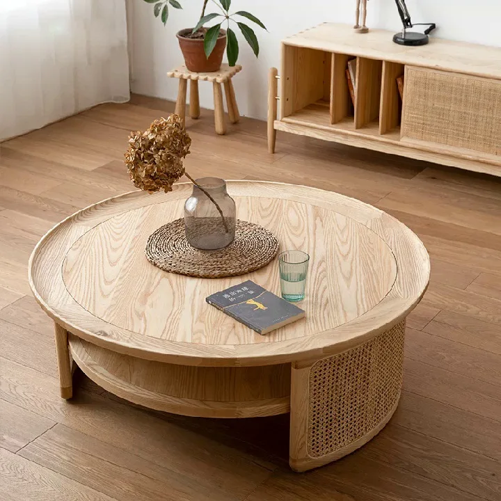 

Retro solid wood round coffee table Nordic Japanese rattan tea table living room sofa coffee table designer round