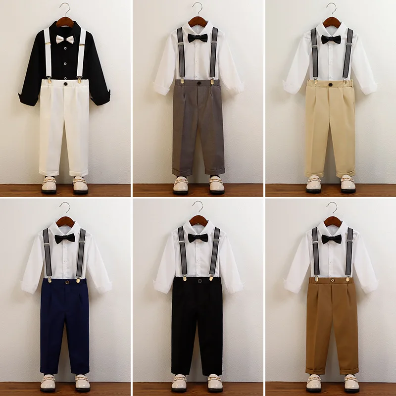 Boys Suspender Suit Long Sleeve Shirt Bow Straight Pants Multi Color Kids Formal Wedding Party Flower Boy Gentleman Outfit 2-12Y