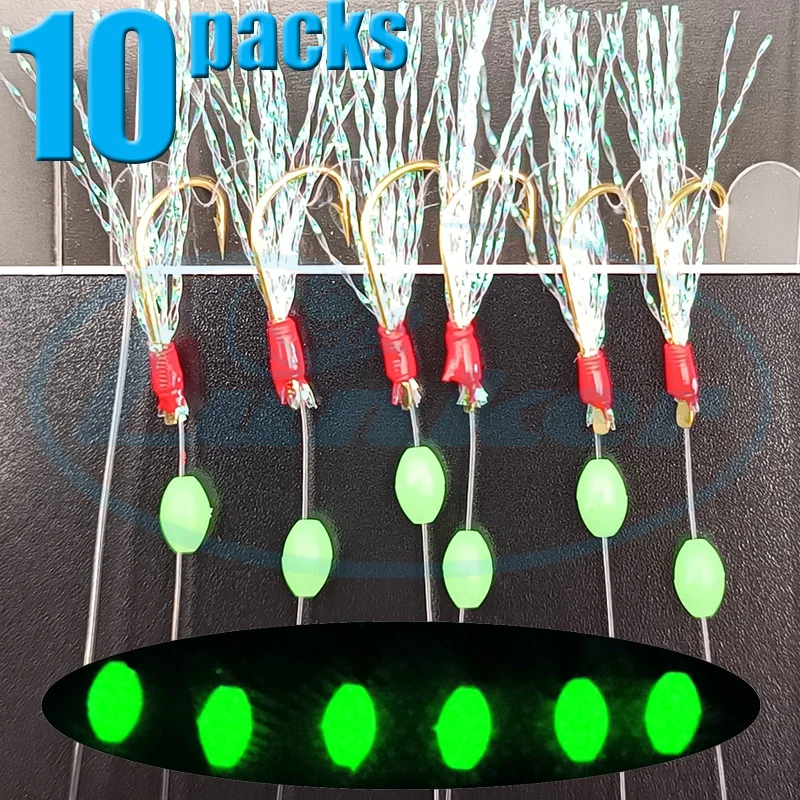 

Lunker sabiki rigs 10 packs high carbon steel hooks saltwater fishing tackle luminous glowing beads shinning tinsel Pesca