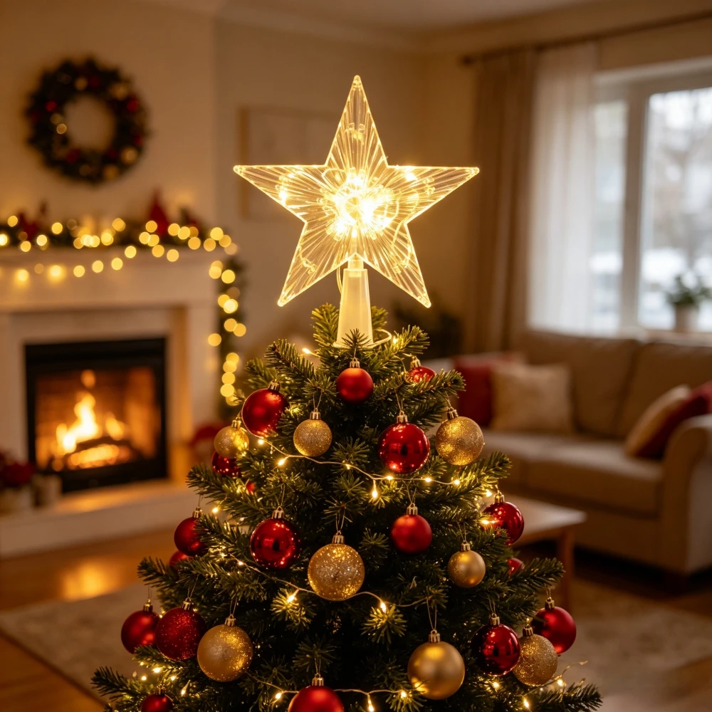 1PC Shiny Transparent Star Christmas Tree Topper Light, Battery Powered LED Lamp for Holiday Home Party Indoor Atmosphere Decor