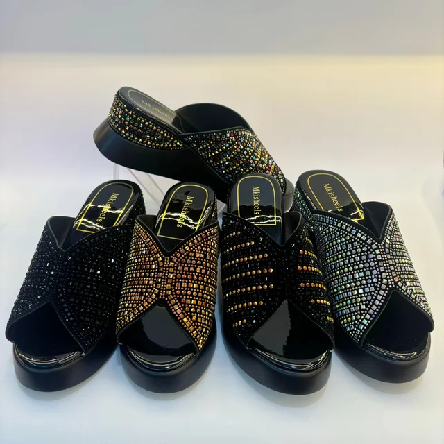 Damskie platformy wysokie obcasy kapcie z kryształkami Lady Mulles buty buty imprezowe dla pań luksusowe sandały z kryształkami F5-107-2