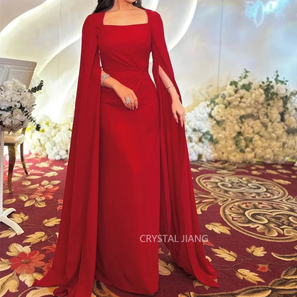 

Sexy Long Red Square Collar Spandex Evening Dresses with Cape A Line Floor Length Robe De Soiree Femmes for Women