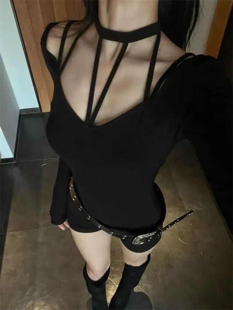 

Черный ажурный сексуальный комбинезон для женщин, цельный тонкий боди, женская одежда, осенние топы с длинными рукавами, 2000-е, Y2k, шикарные комбинезоны