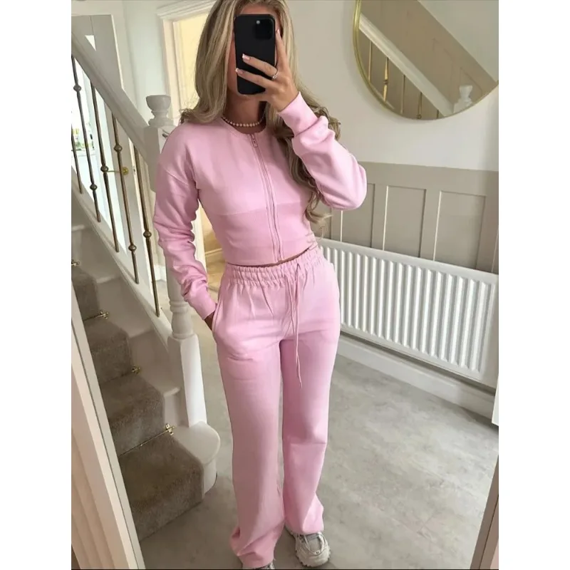 

Women Solid Sweatshirt Long Pants Set Casual Elegant Long Sleeved Zippper Short Coat Straight Pant Sets Lady Daily Street Outfit